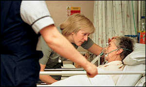 A nurse tends to an elderly patient