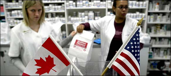  Canadian pharmacists in Winnipeg, Manitoba, handling a package of prescription drugs for a group of elderly customers who had traveled nine hours by bus from Minnesota for cheaper medicine.