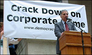Consumer advocate Ralph Nader addresses a lunchtime crowd on Wall Street.