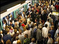 People crowd onto Paris train
