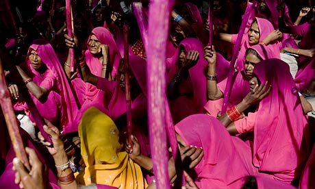Description: Members of the Gulabi Gang (Pink Gang) t