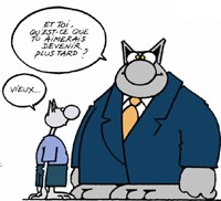 Dessin de Philippe Geluck pour la semaine Bleue : le Chat et son fils