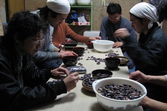 Trainees sorting out last year's beans.