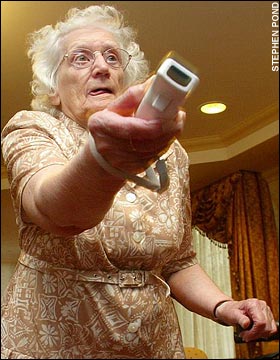Flossie Chambers, 89, playing ten pin bowling